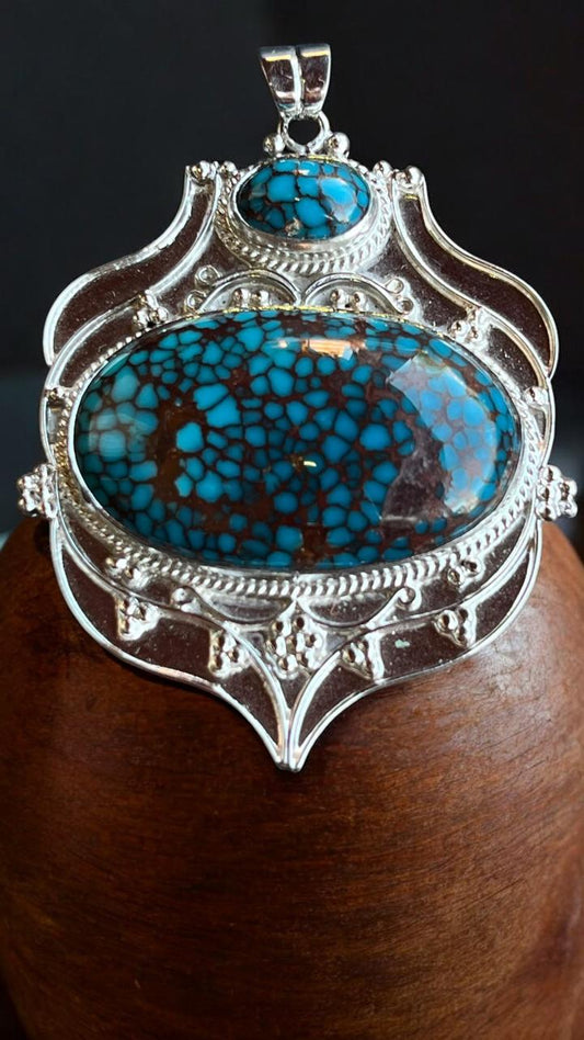 Exquisite Egyptian Turquoise Statement Pendant – 39.5 g Natural Gemstone in Platinum-Plated 925 Sterling Silver
