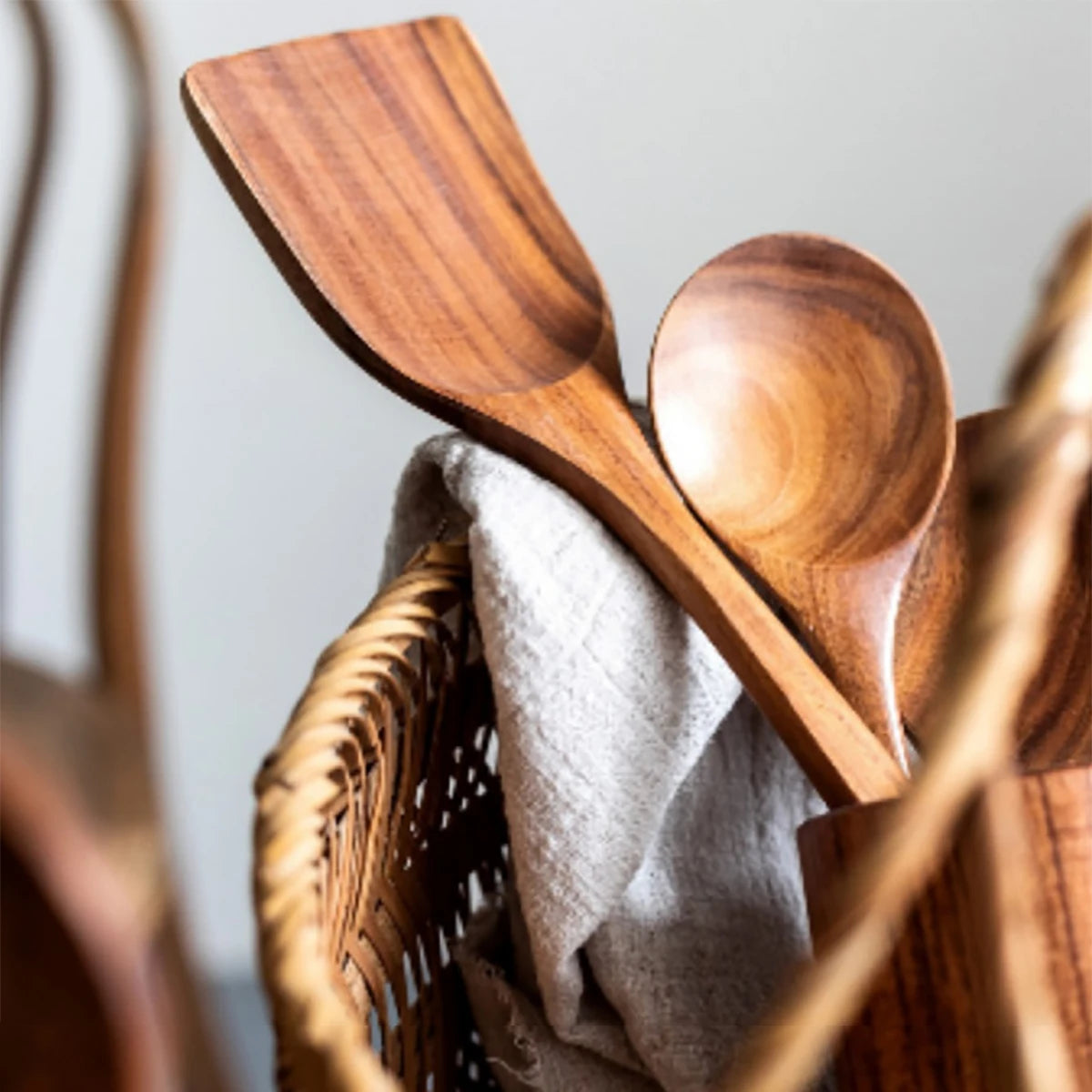 Juego de utensilios de cocina de madera, espátula para el hogar, cuchara, tenedor, cuchara para mezclar, juego de cocina para hornear con cubo de almacenamiento