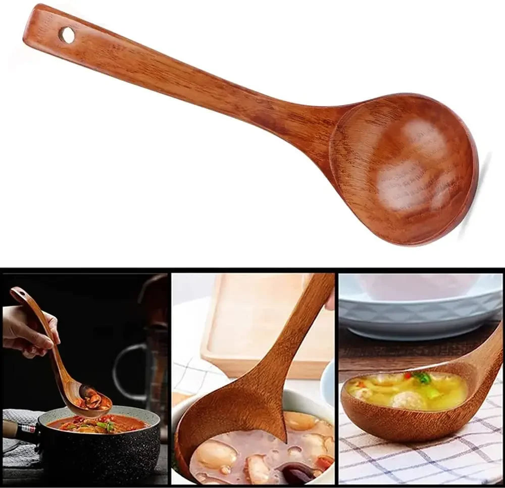 Cuchara de madera para servir, cucharón grande de madera natural para sopa, utensilio de cocina, vajilla hecha a mano para cocina, restaurante, gachas de avena