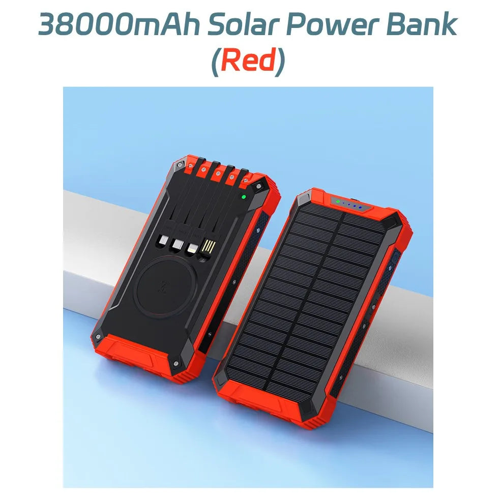 Solar Power Bank with Wireless Charging & Built-In Cables