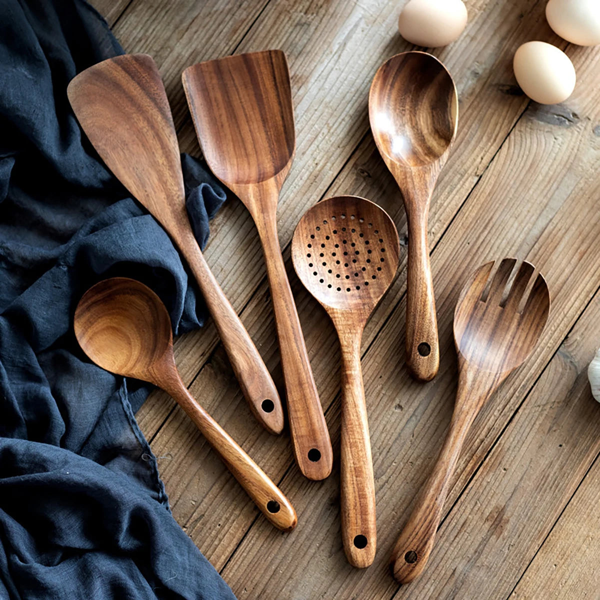 Juego de utensilios de cocina de madera, espátula para el hogar, cuchara, tenedor, cuchara para mezclar, juego de cocina para hornear con cubo de almacenamiento