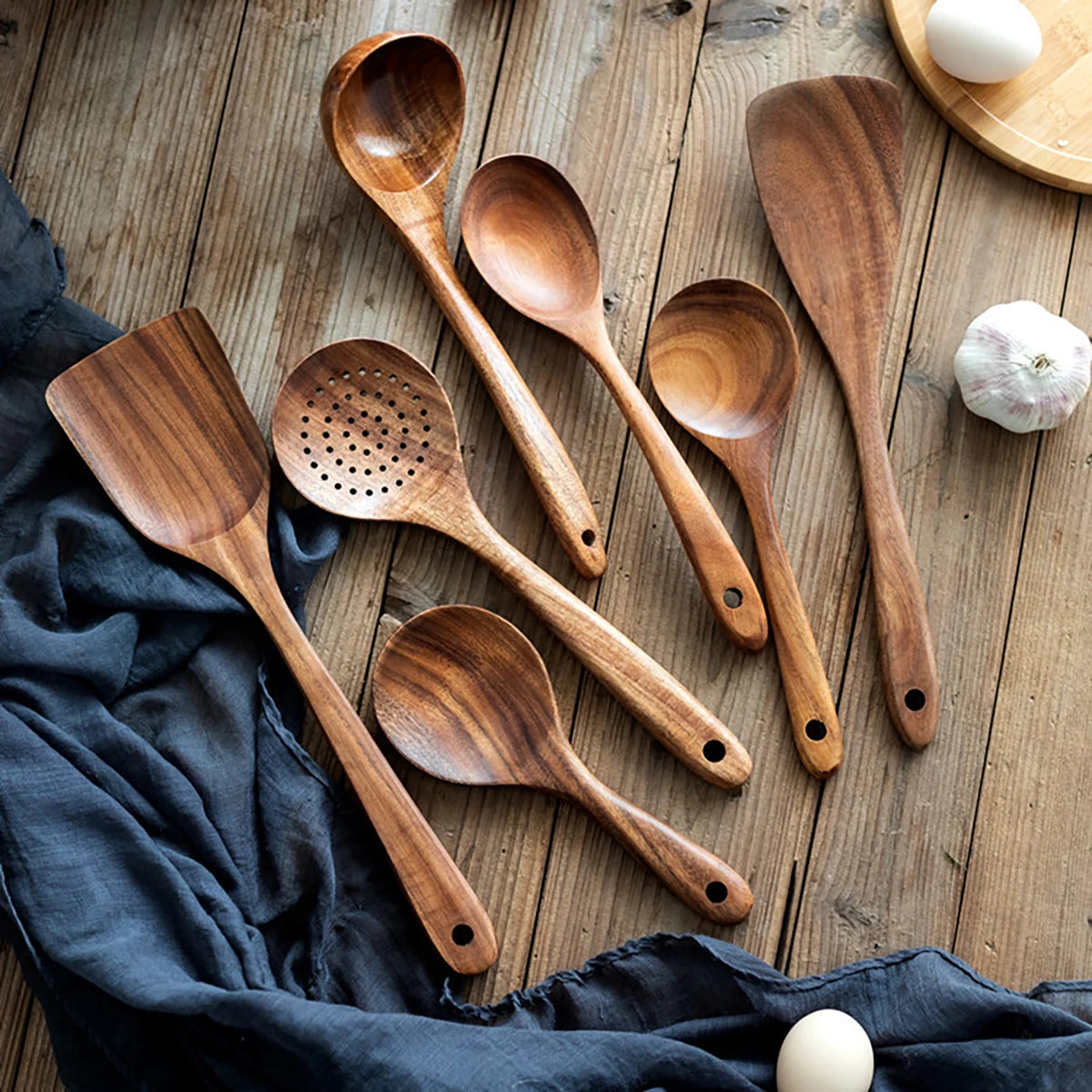 Juego de utensilios de cocina de madera, espátula para el hogar, cuchara, tenedor, cuchara para mezclar, juego de cocina para hornear con cubo de almacenamiento