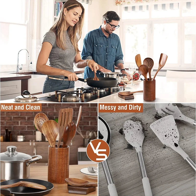 Cuchara de cocina de teca natural, espátula de madera para cocina, juego de utensilios antiadherentes con ganchos para colgar, juego de utensilios de cocina