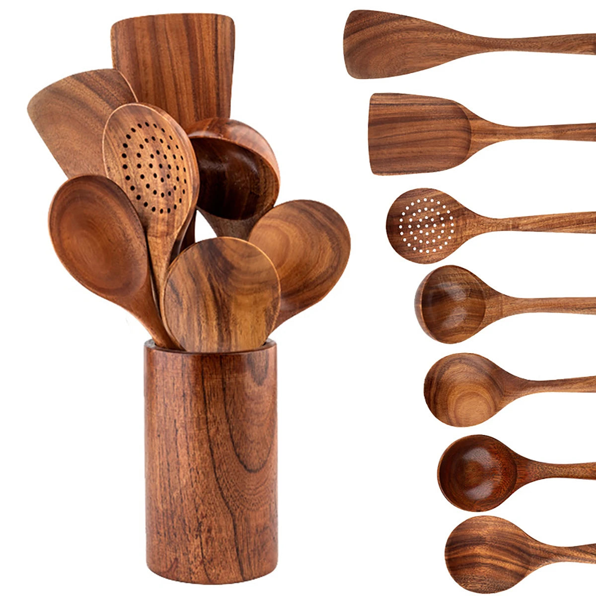 Juego de utensilios de cocina de madera, espátula para el hogar, cuchara, tenedor, cuchara para mezclar, juego de cocina para hornear con cubo de almacenamiento