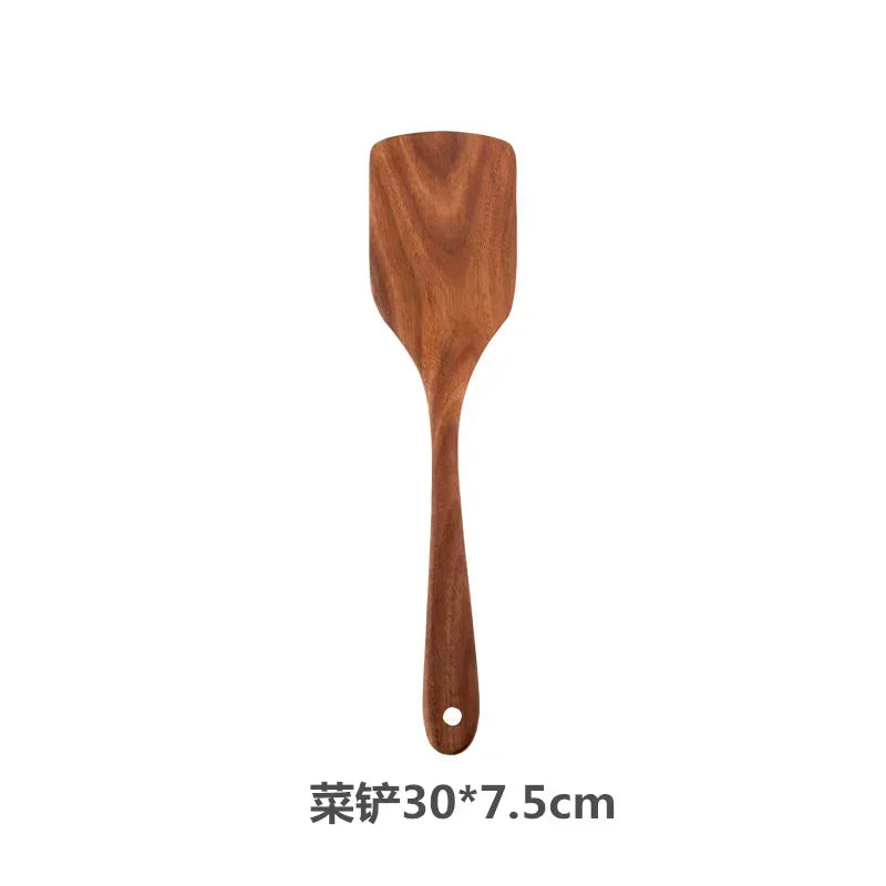 Cuchara de cocina de teca natural, espátula de madera para cocina, juego de utensilios antiadherentes con ganchos para colgar, juego de utensilios de cocina