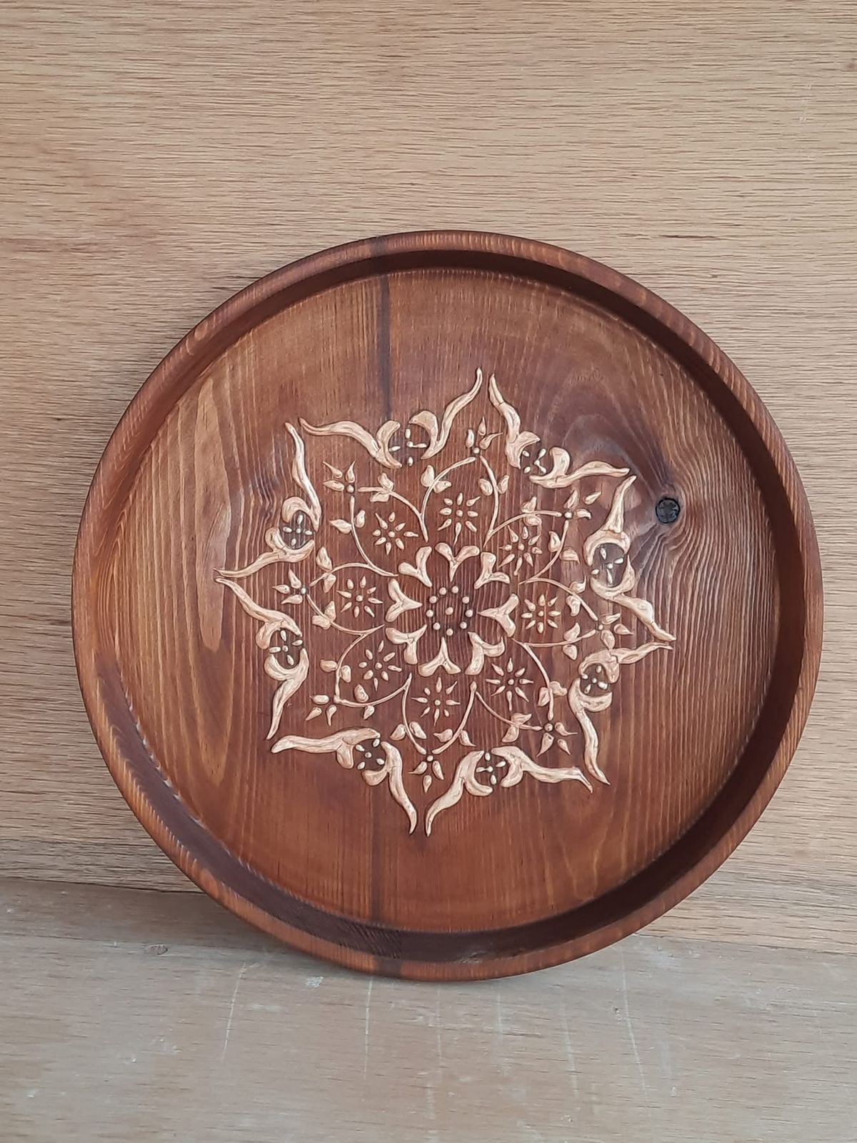 Ornate Wooden Tray β 33 cm Diameter