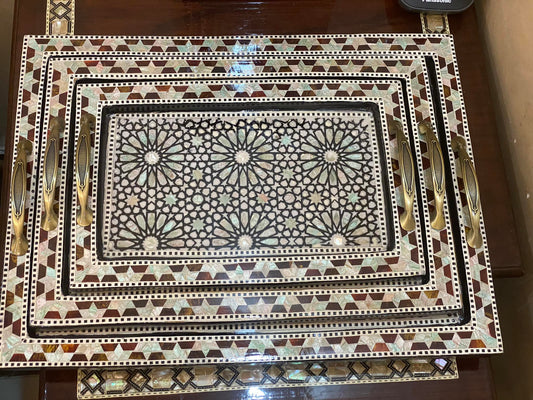 Handcrafted Wooden Mother-of-Pearl Inlay Tray Set – 3 Sizes