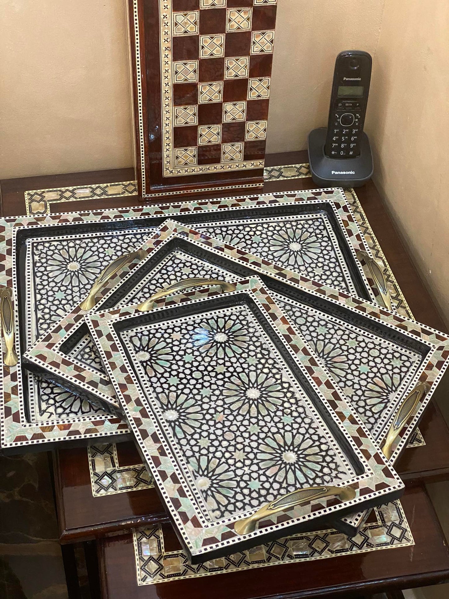 Handcrafted Wooden Mother-of-Pearl Inlay Tray Set – 3 Sizes