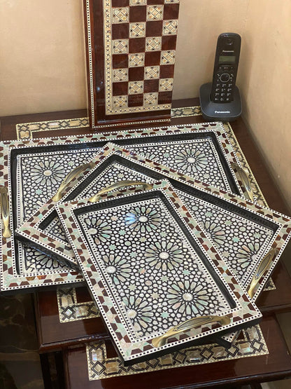 Handcrafted Wooden Mother-of-Pearl Inlay Tray Set – 3 Sizes