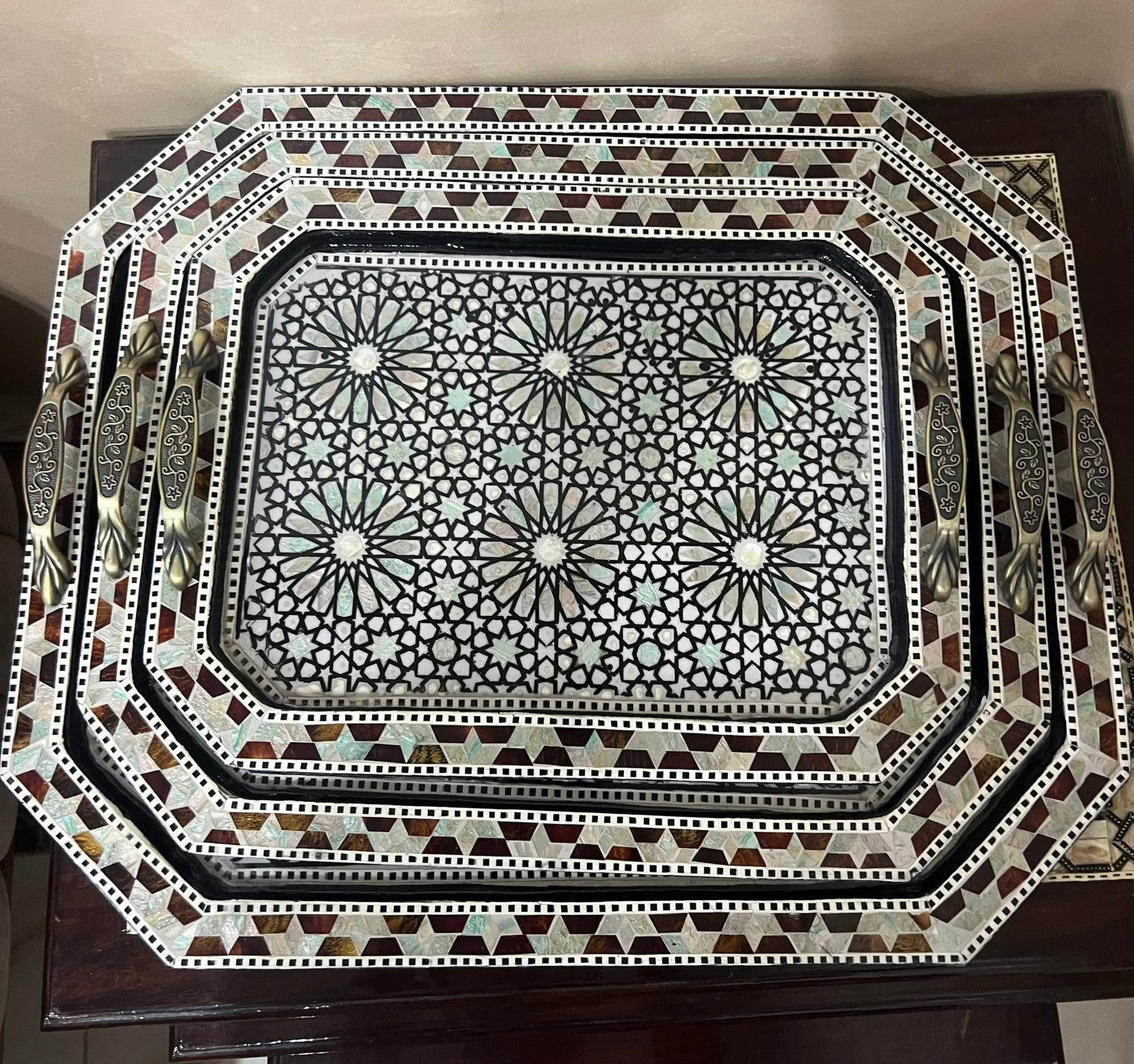 Handcrafted Polygonal Wooden Mother-of-Pearl Inlay Tray Set – 3 Sizes