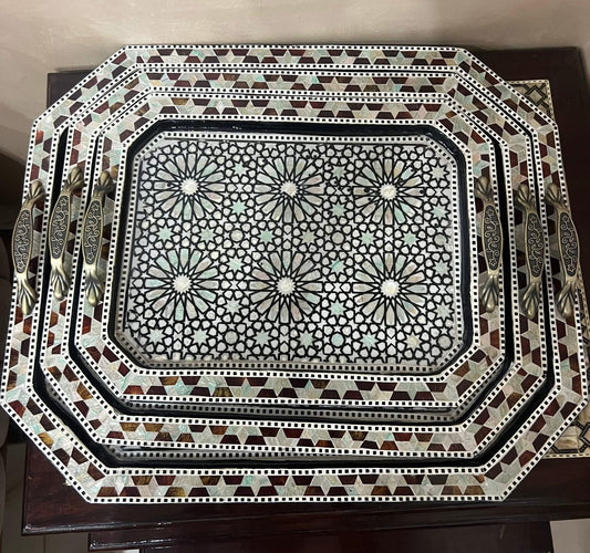 Handcrafted Polygonal Wooden Mother-of-Pearl Inlay Tray Set – 3 Sizes