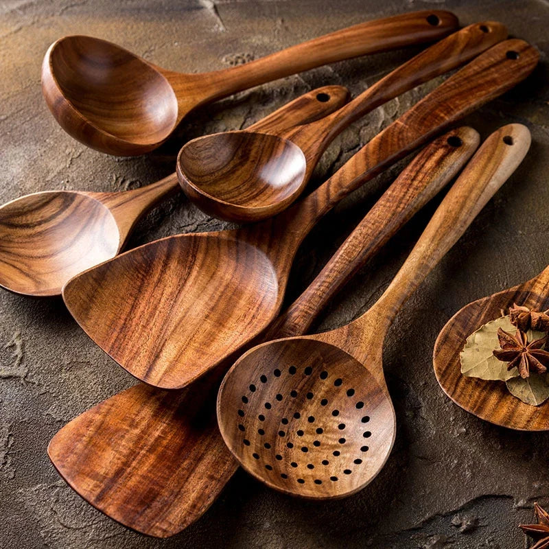 Teak wood cooking utensil set 7pc
