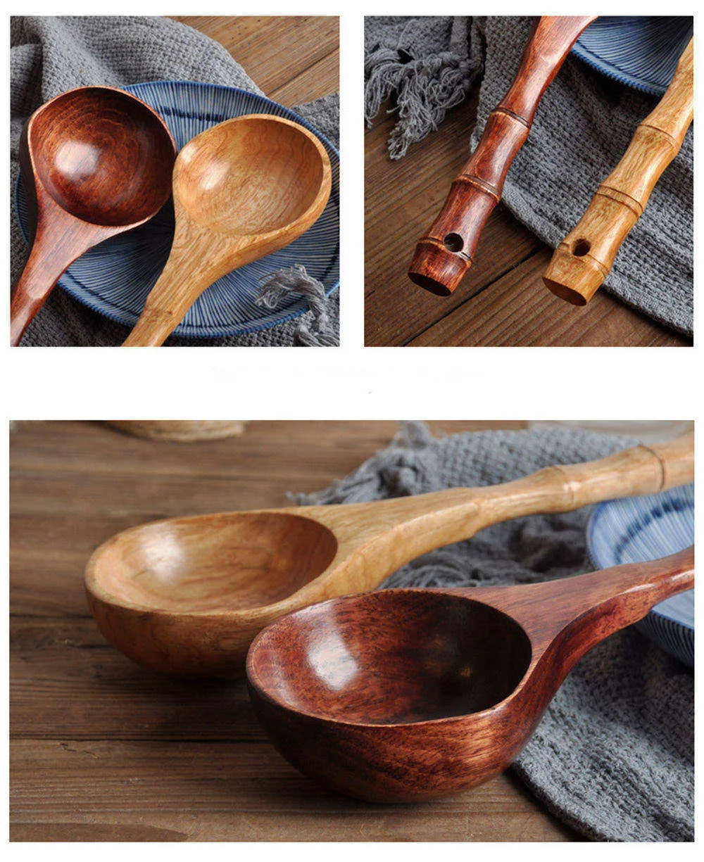 Cuchara grande de madera para sopa, cuchara de cocina con mango de bambú, estilo japonés, cuchara resistente, cucharón para agua de baño, vajilla, utensilios de cocina