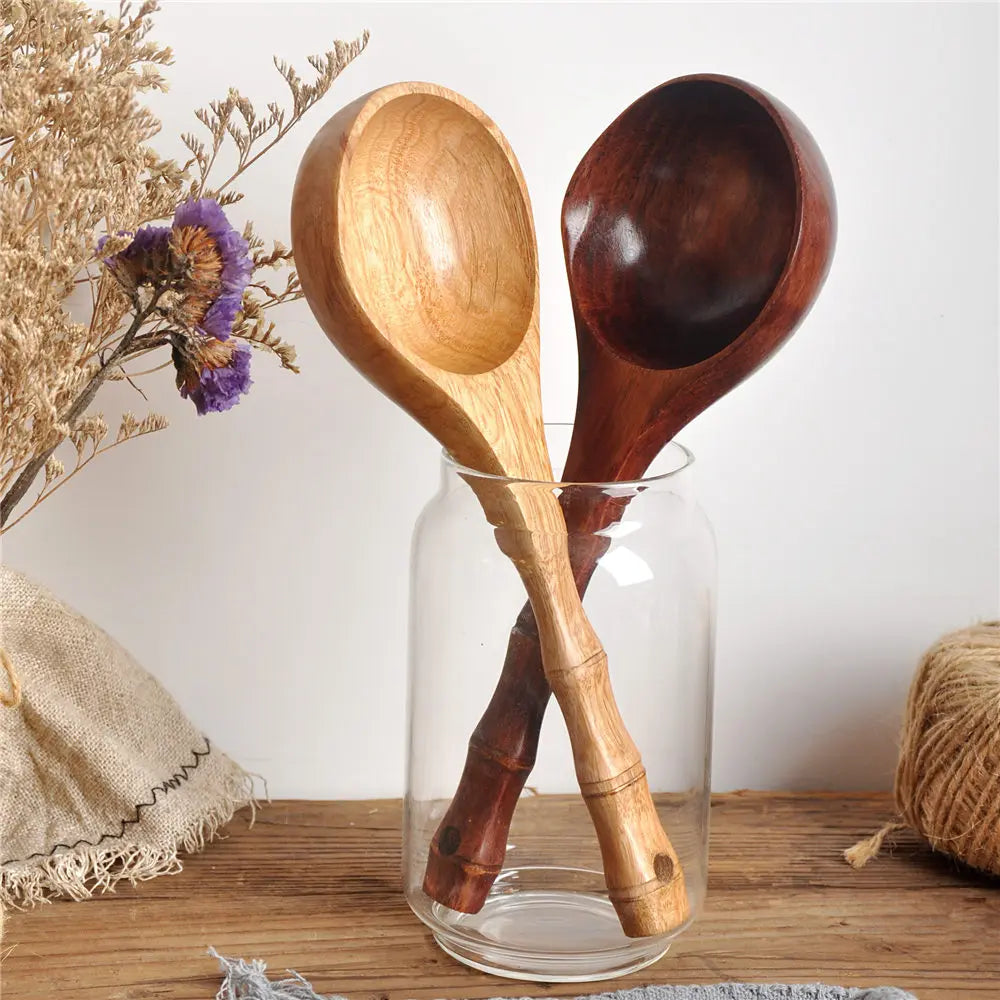 Cuchara grande de madera para sopa, cuchara de cocina con mango de bambú, estilo japonés, cuchara resistente, cucharón para agua de baño, vajilla, utensilios de cocina