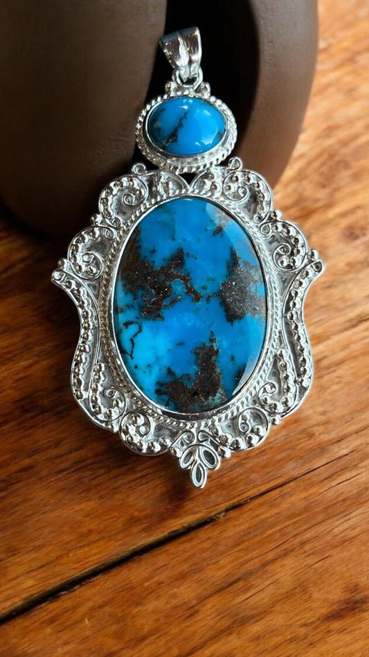 Exquisite Egyptian Turquoise Statement Pendant – 28.2 g Natural Gemstone in Platinum-Plated Sterling Silver