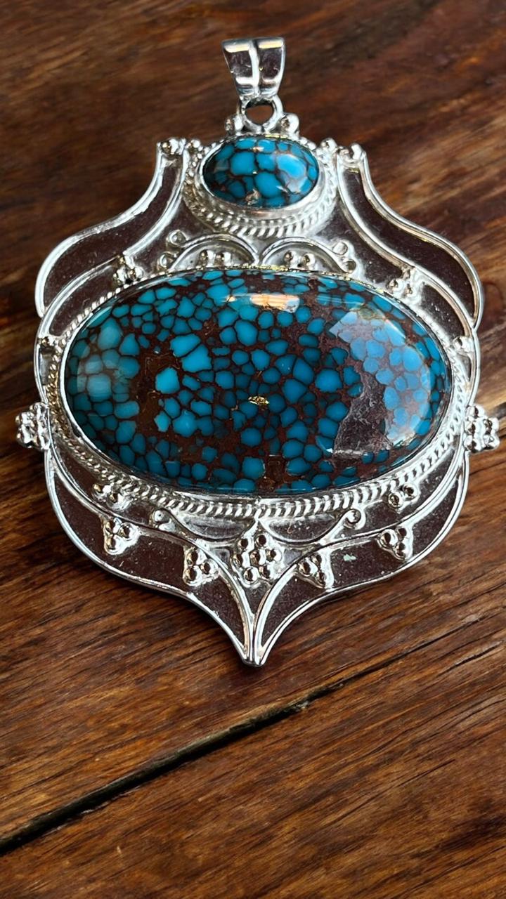 Exquisite Egyptian Turquoise Statement Pendant – 39.5 g Natural Gemstone in Platinum-Plated 925 Sterling Silver