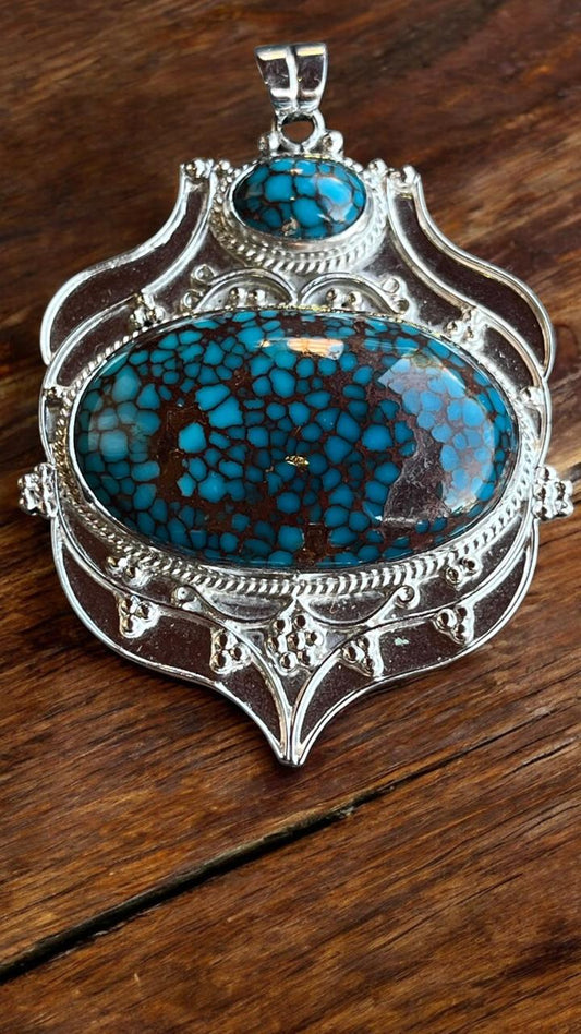 Exquisite Egyptian Turquoise Statement Pendant – 39.5 g Natural Gemstone in Platinum-Plated 925 Sterling Silver