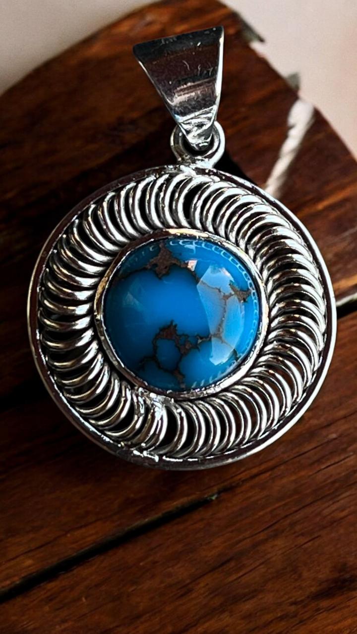 Egyptian Turquoise Pendant – 8.6g, 3.5x2.4 cm – Natural Stone with 925 Silver Platinum Plated