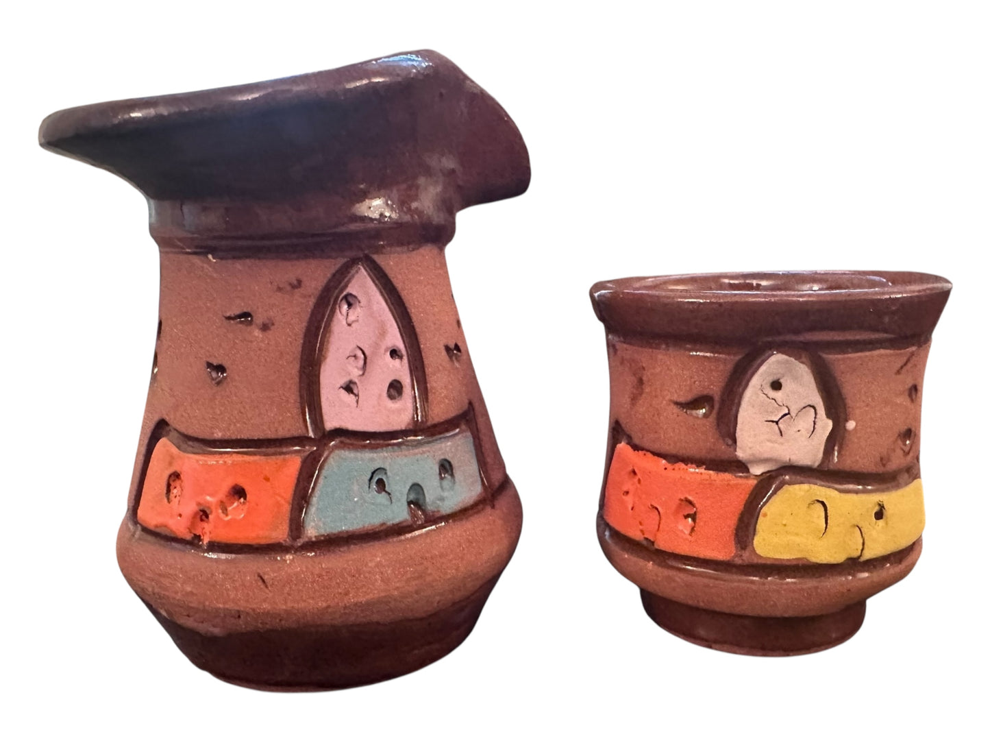 Juego de café de arcilla turca pintado a mano: 1 tetera decorada, 2 tazas y una muestra de café gratis