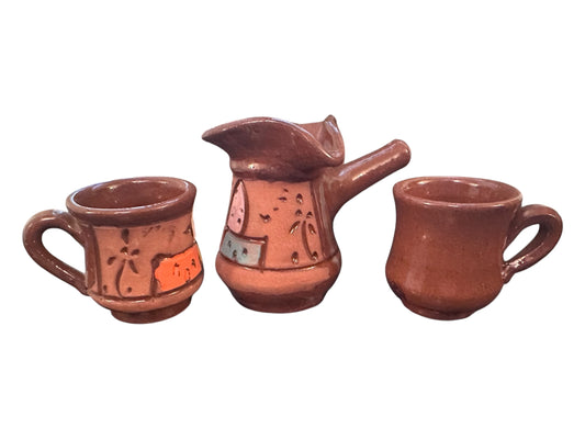 Juego de café de arcilla turca pintado a mano: 1 tetera decorada, 2 tazas y una muestra de café gratis