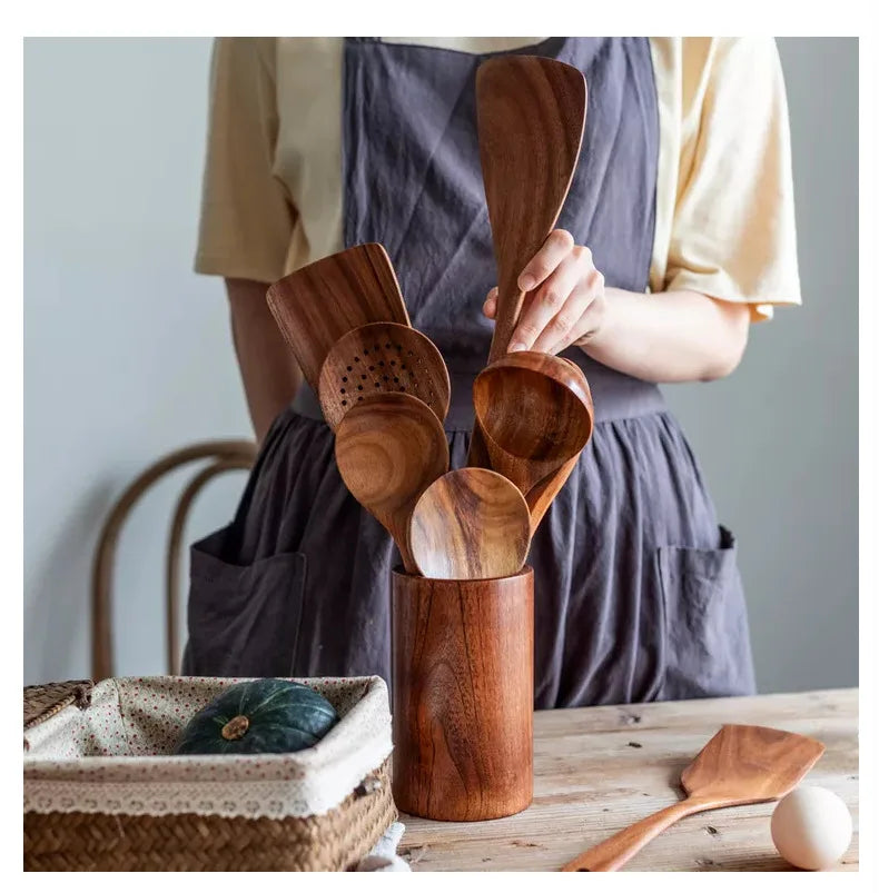 Cuchara de cocina de teca natural, espátula de madera para cocina, juego de utensilios antiadherentes con ganchos para colgar, juego de utensilios de cocina