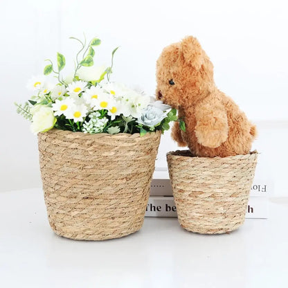 1 pieza para terrazas de jardín, maceta de ratán, cesta de paja, maceta tejida de hierba, decoración de muebles, tamaño mini/pequeño/grande.