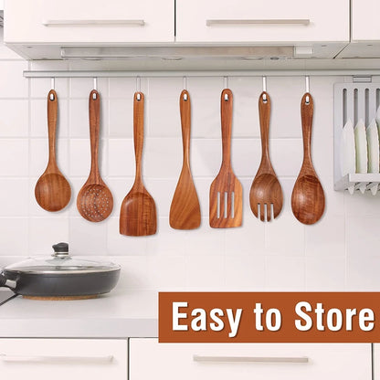 Cuchara de cocina de teca natural, espátula de madera para cocina, juego de utensilios antiadherentes con ganchos para colgar, juego de utensilios de cocina