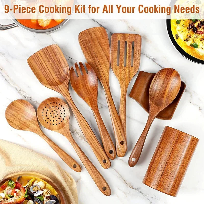 Cuchara de cocina de teca natural, espátula de madera para cocina, juego de utensilios antiadherentes con ganchos para colgar, juego de utensilios de cocina