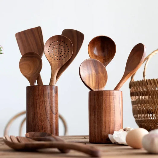 Cuchara de cocina de teca natural, espátula de madera para cocina, juego de utensilios antiadherentes con ganchos para colgar, juego de utensilios de cocina