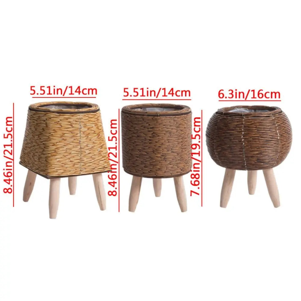 Vaso da fiori in rattan intrecciato alla moda, fioriere creative con gambe rimovibili, resistente supporto per piante intrecciato a mano