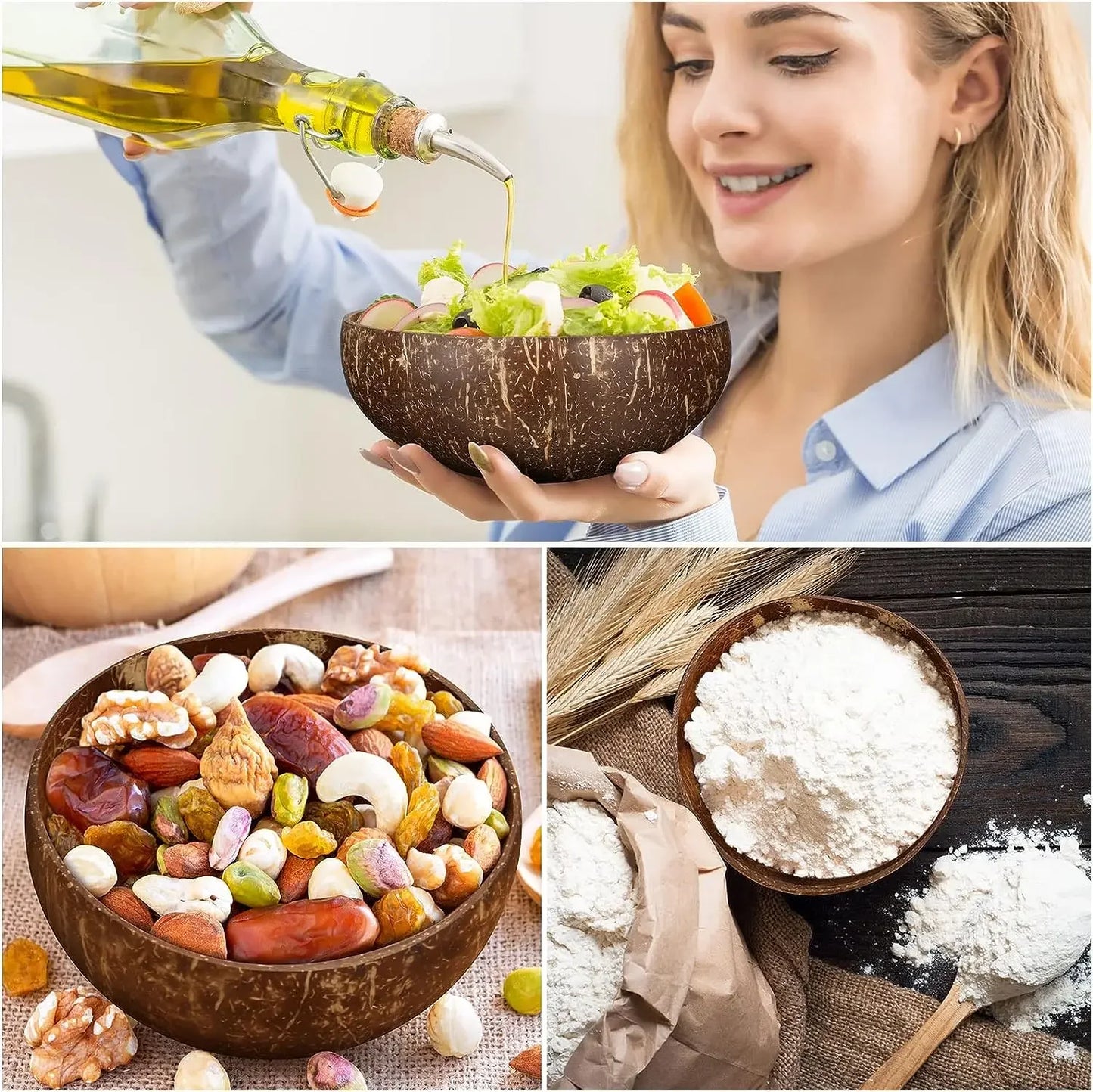 Cuencos de coco para servir platos Ensalada de madera Cuenco de madera reutilizable Utensilios para servir Cuencos de cáscara de coco natural Desayuno Fiesta