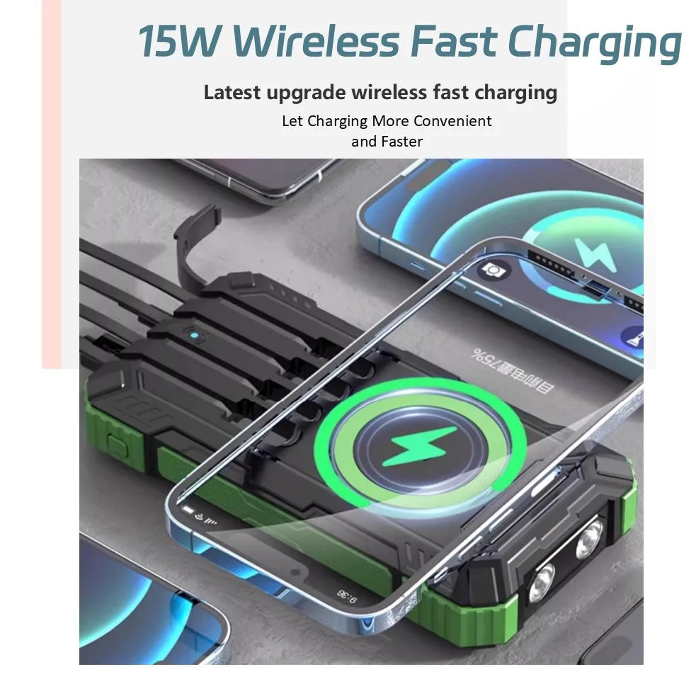 Solar Power Bank with Wireless Charging & Built-In Cables