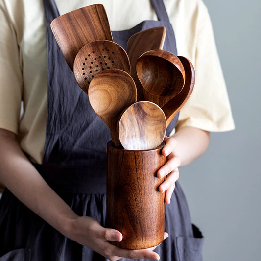 Juego de utensilios de cocina de madera, espátula para el hogar, cuchara, tenedor, cuchara para mezclar, juego de cocina para hornear con cubo de almacenamiento