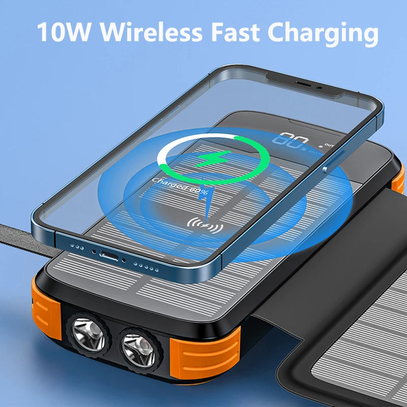 Foldable Solar Power Bank with 4 Solar Panels & Wireless Fast Charging