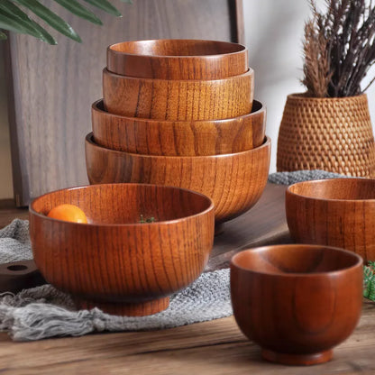 Cuencos de madera japoneses de azufaifo para niños, bebés y adultos, cuencos pequeños para sopa, cuencos de ensalada de madera maciza, vajilla retro para el hogar.