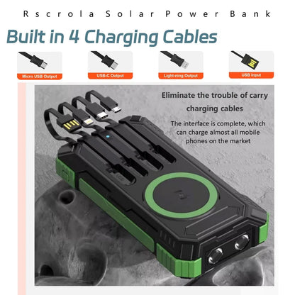 Solar Power Bank with Wireless Charging & Built-In Cables