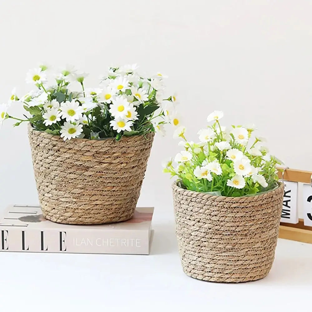 1 pieza para terrazas de jardín, maceta de ratán, cesta de paja, maceta tejida de hierba, decoración de muebles, tamaño mini/pequeño/grande.