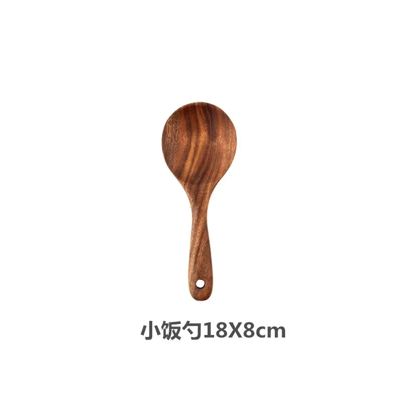 Cuchara de cocina de teca natural, espátula de madera para cocina, juego de utensilios antiadherentes con ganchos para colgar, juego de utensilios de cocina