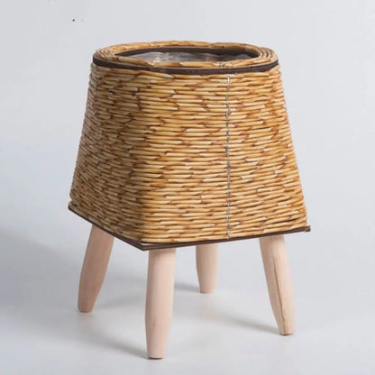 Vaso da fiori in rattan intrecciato alla moda, fioriere creative con gambe rimovibili, resistente supporto per piante intrecciato a mano