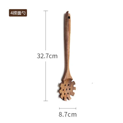 Cuchara de cocina de teca natural, espátula de madera para cocina, juego de utensilios antiadherentes con ganchos para colgar, juego de utensilios de cocina