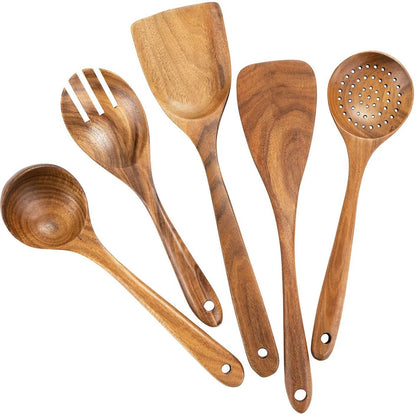 Juego de utensilios de cocina de madera, espátula para el hogar, cuchara, tenedor, cuchara para mezclar, juego de cocina para hornear con cubo de almacenamiento