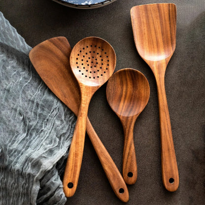 Juego de utensilios de cocina de madera, espátula para el hogar, cuchara, tenedor, cuchara para mezclar, juego de cocina para hornear con cubo de almacenamiento