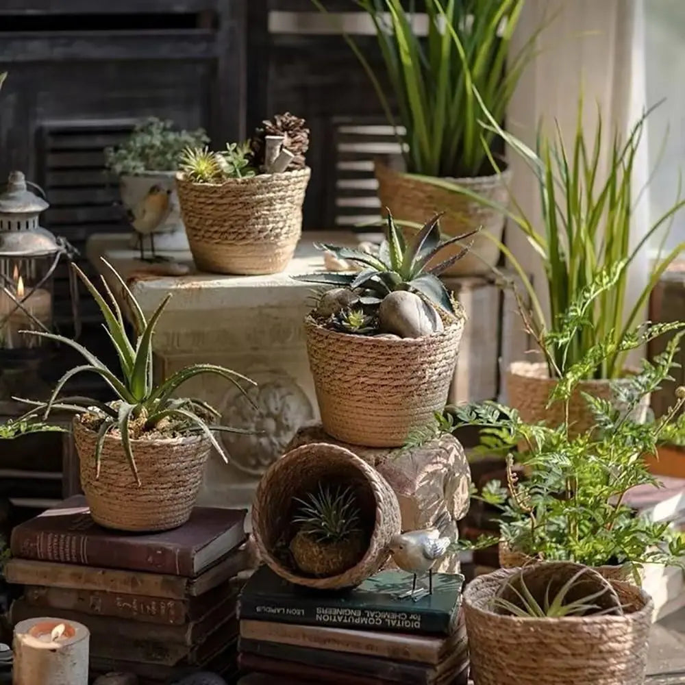 1 pieza para terrazas de jardín, maceta de ratán, cesta de paja, maceta tejida de hierba, decoración de muebles, tamaño mini/pequeño/grande.