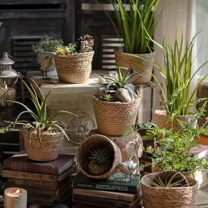 1 pieza para terrazas de jardín, maceta de ratán, cesta de paja, maceta tejida de hierba, decoración de muebles, tamaño mini/pequeño/grande.