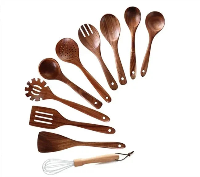 Cuchara de cocina de teca natural, espátula de madera para cocina, juego de utensilios antiadherentes con ganchos para colgar, juego de utensilios de cocina