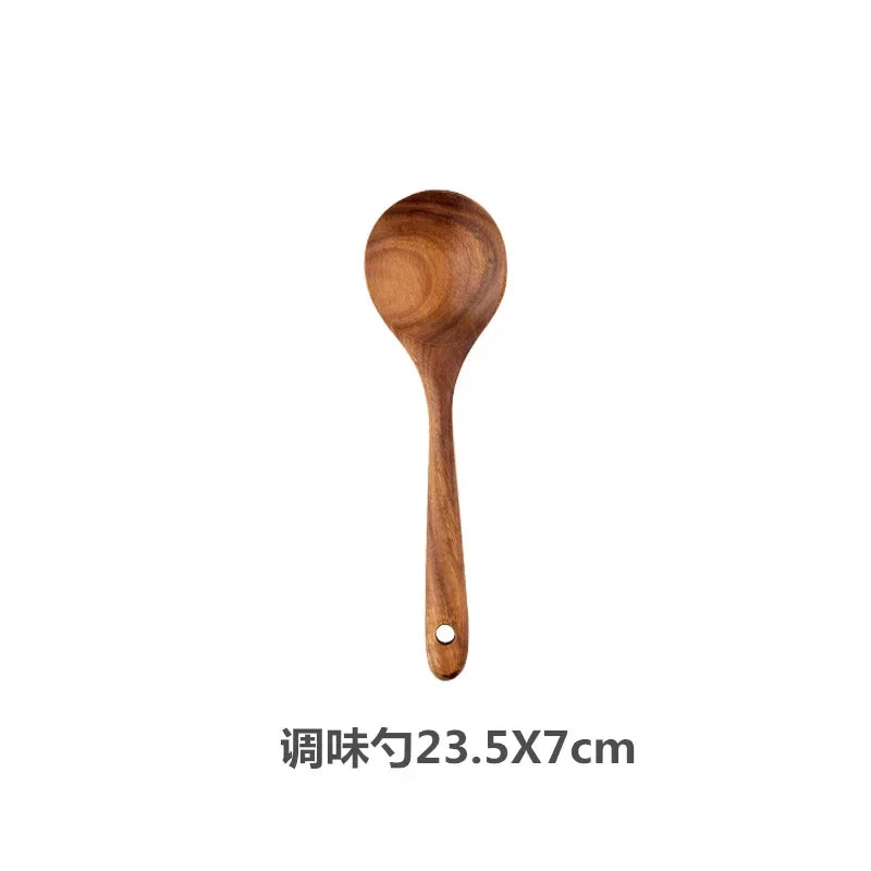 Cuchara de cocina de teca natural, espátula de madera para cocina, juego de utensilios antiadherentes con ganchos para colgar, juego de utensilios de cocina
