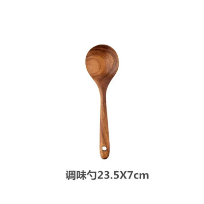 Cuchara de cocina de teca natural, espátula de madera para cocina, juego de utensilios antiadherentes con ganchos para colgar, juego de utensilios de cocina