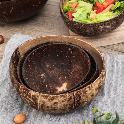 Cuencos de coco natural para servir platos, cuencos de madera reutilizables, cucharas de madera, cuencos de cáscara de coco natural, juego de vajilla de cocina