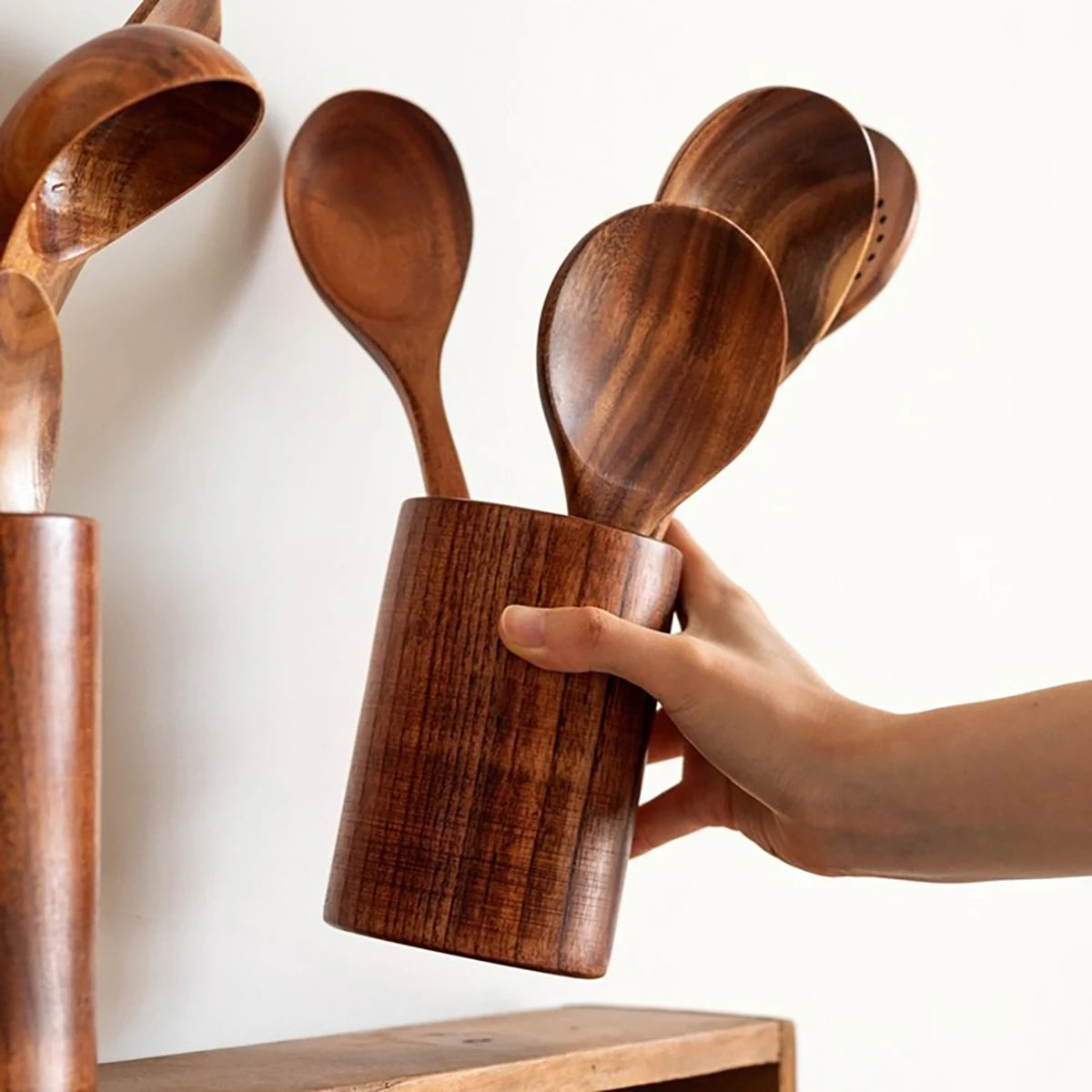 Juego de utensilios de cocina de madera, espátula para el hogar, cuchara, tenedor, cuchara para mezclar, juego de cocina para hornear con cubo de almacenamiento