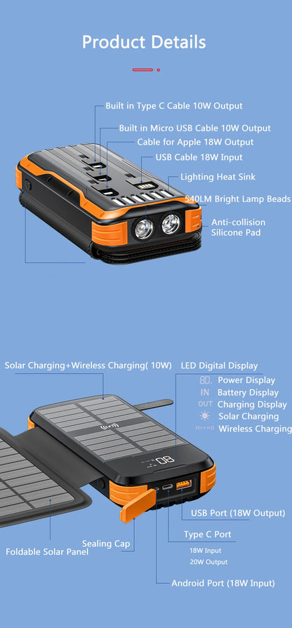 Foldable Solar Power Bank with 4 Solar Panels & Wireless Fast Charging